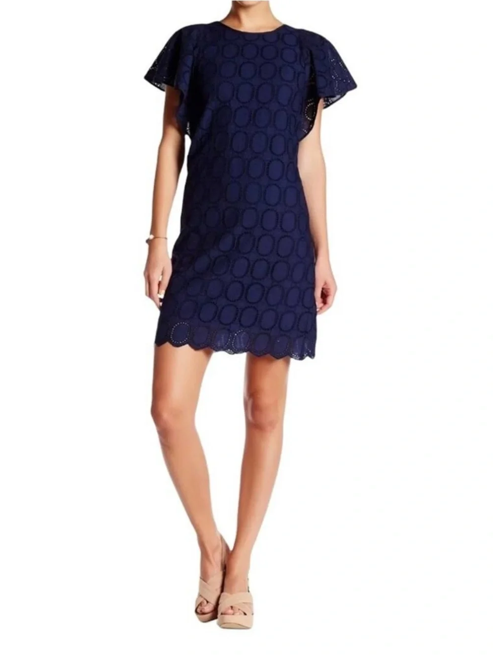 J.Crew Navy Eyelet Flutter Sleeve Shift Dress